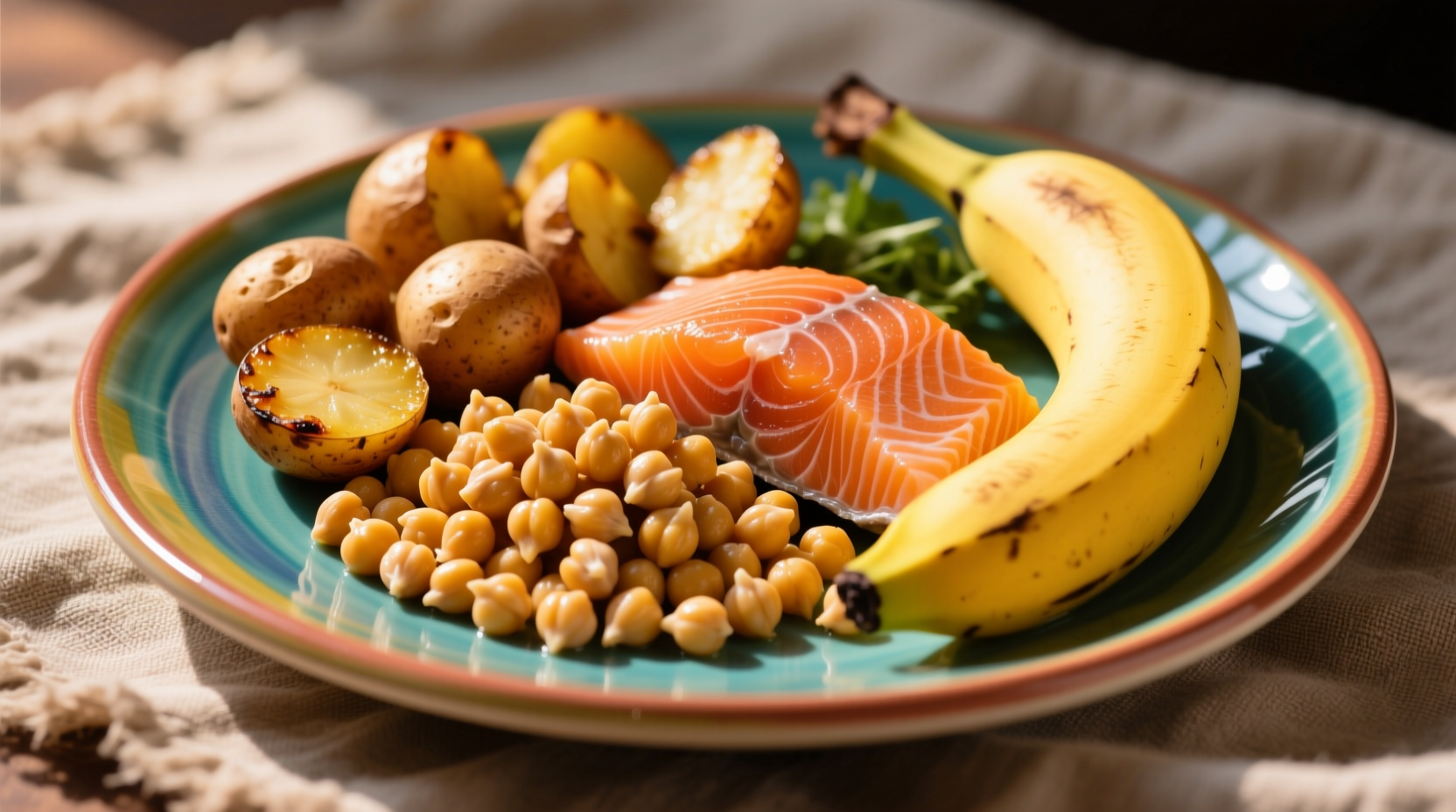 Colorful plate with chickpeas, salmon, bananas, and potatoes
