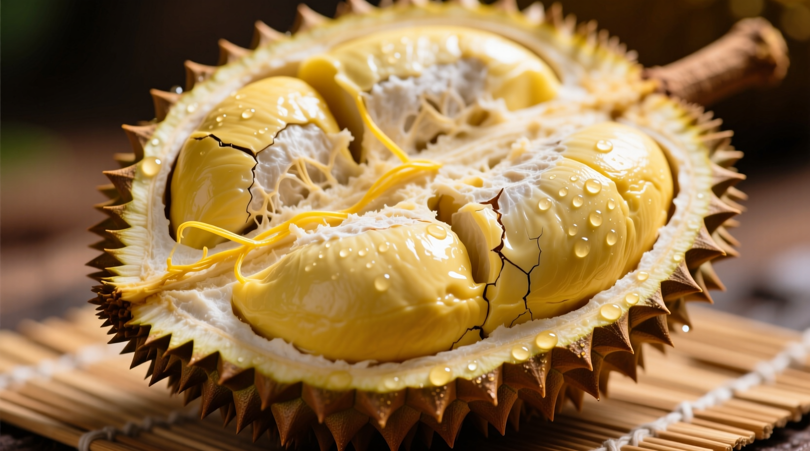 Ripe durian fruit cut open showing creamy yellow segments