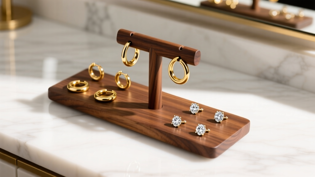 Top-down view of walnut wood earring jewelry holder displaying organized gold huggies and diamond studs on a bright marble vanity