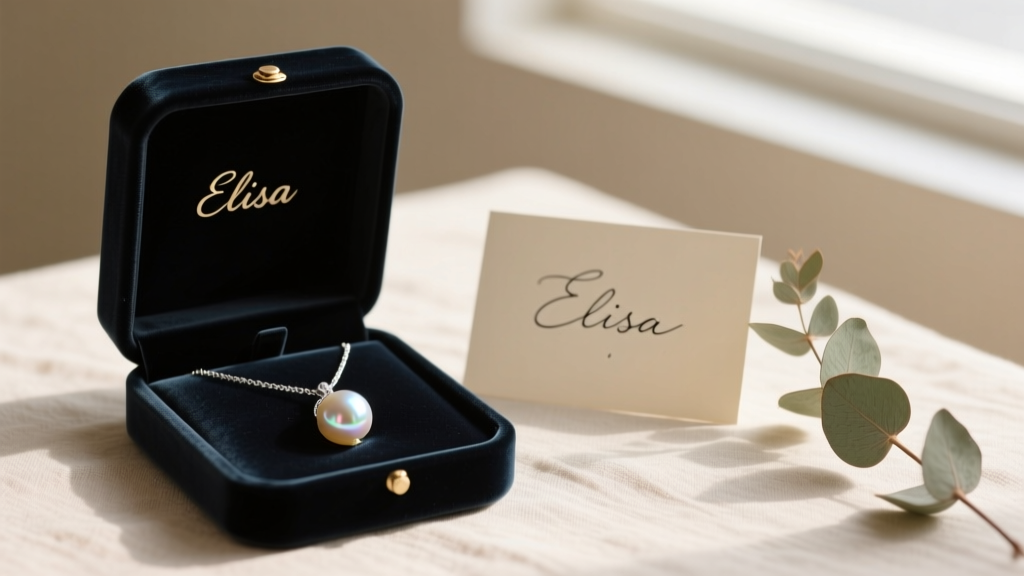 Open velvet box revealing an Elisa pendant necklace with a baroque pearl, placed next to a handwritten card and dried eucalyptus