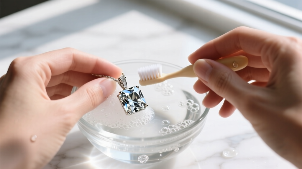 Hands gently cleaning a delicate Bryan Anthony cubic zirconia pendant with a soft baby toothbrush and soapy water in a glass bowl.