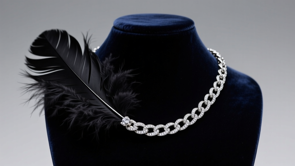 Close-up of a black marabou feather and silver chain boa necklace draped over a dark velvet jewelry bust in soft studio lighting.