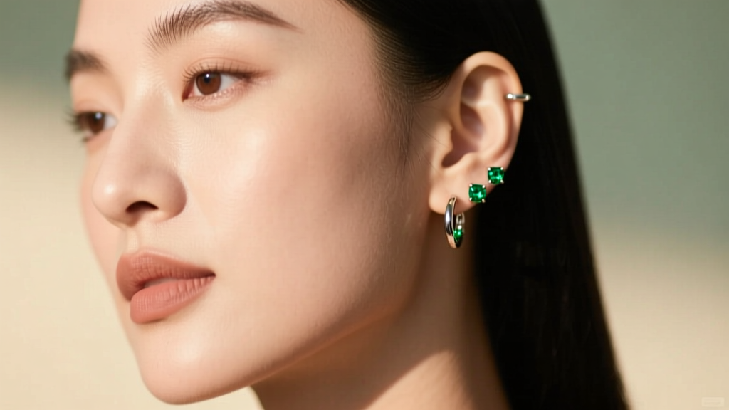 Close-up of a woman wearing 16-gauge titanium huggie hoops with small peridot green crystals against a softly blurred background