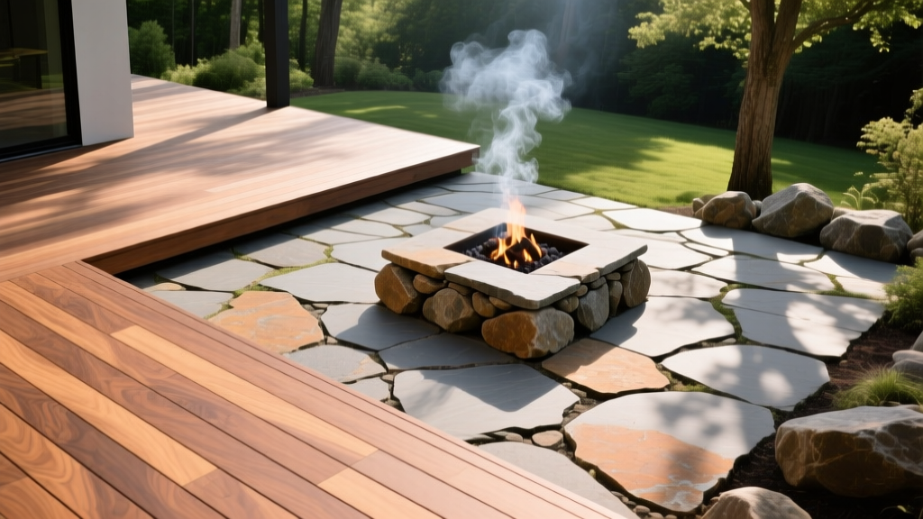 High-angle view of a composite wood deck transitioning into a natural flagstone patio with a built-in stone fire pit.