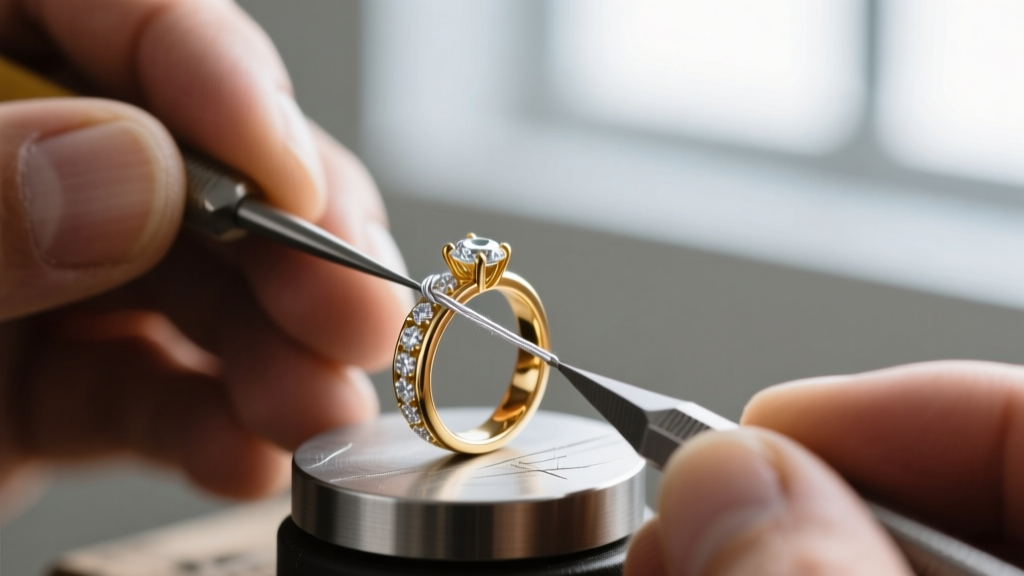Macro photography of a jeweler's torch soldering a 22-gauge gold jump ring onto a brass primate motif earring component.