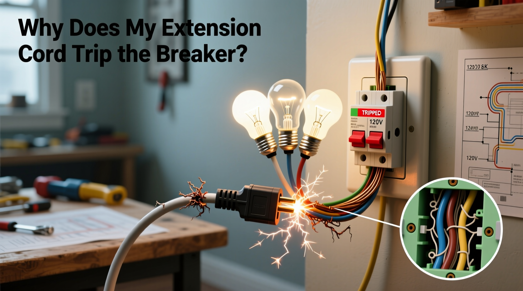 why does my extension cord trip breaker when plugging in lights