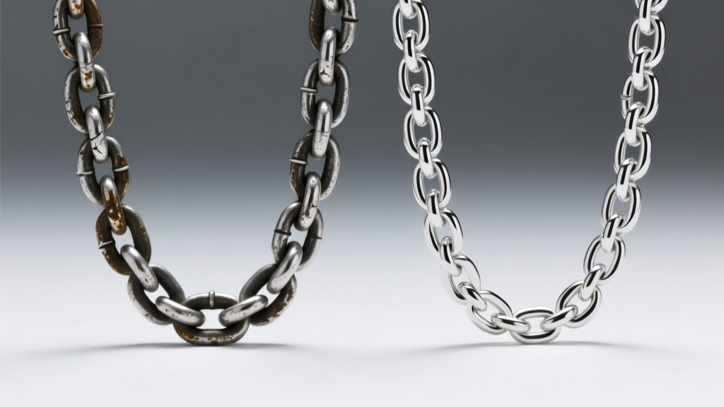 Close-up of tarnished 925 sterling silver chain links next to a bright, untarnished Argentium silver chain under studio lighting
