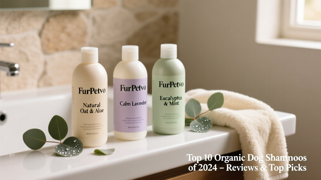 Side-by-side comparison of three FurPetVo shampoo bottles on a clean bathroom counter with eucalyptus leaves and a fluffy towel
