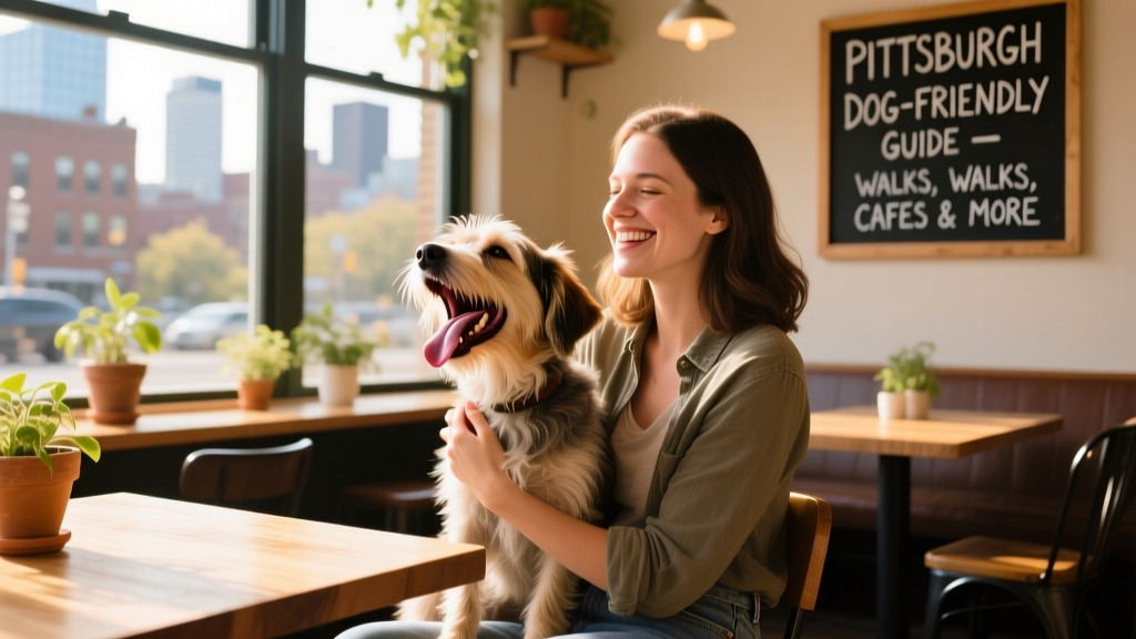 a smiling woman holding a yawning dog inside a bright cafe