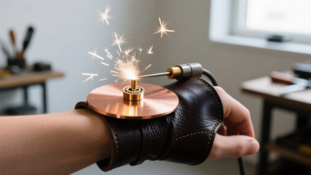 A copper grounding plate resting on a wrist beneath a dark leather protective shield during a permanent jewelry welding session