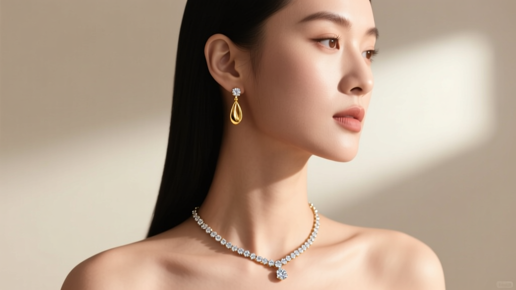 Profile of a model wearing a diamond pendant necklace and 18k gold drop earrings, highlighting facial proportions and the jawline