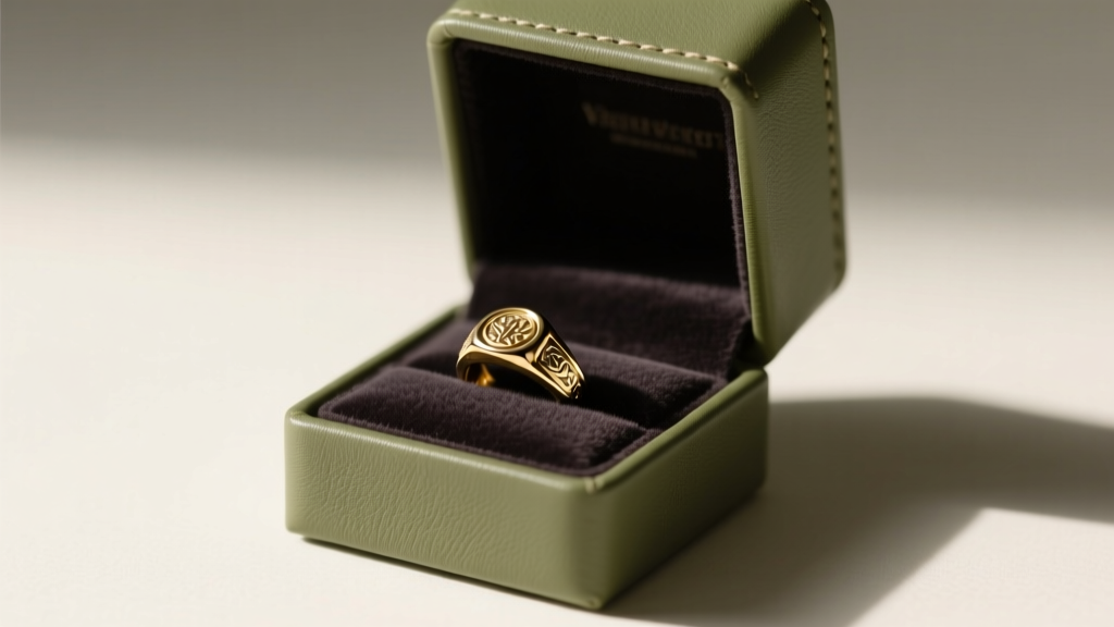 Open sage green vegan leather small jewelry gift box revealing a delicate gold signet ring on a dark flocked insert