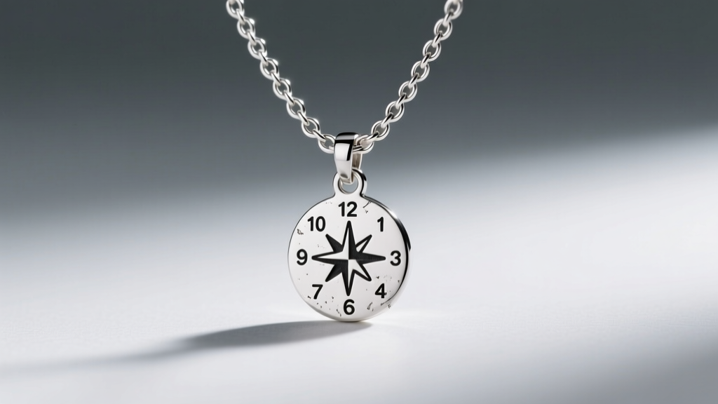 Macro shot of a sterling silver rolo chain necklace with an engraved coordinate pendant, illuminated by soft studio lighting