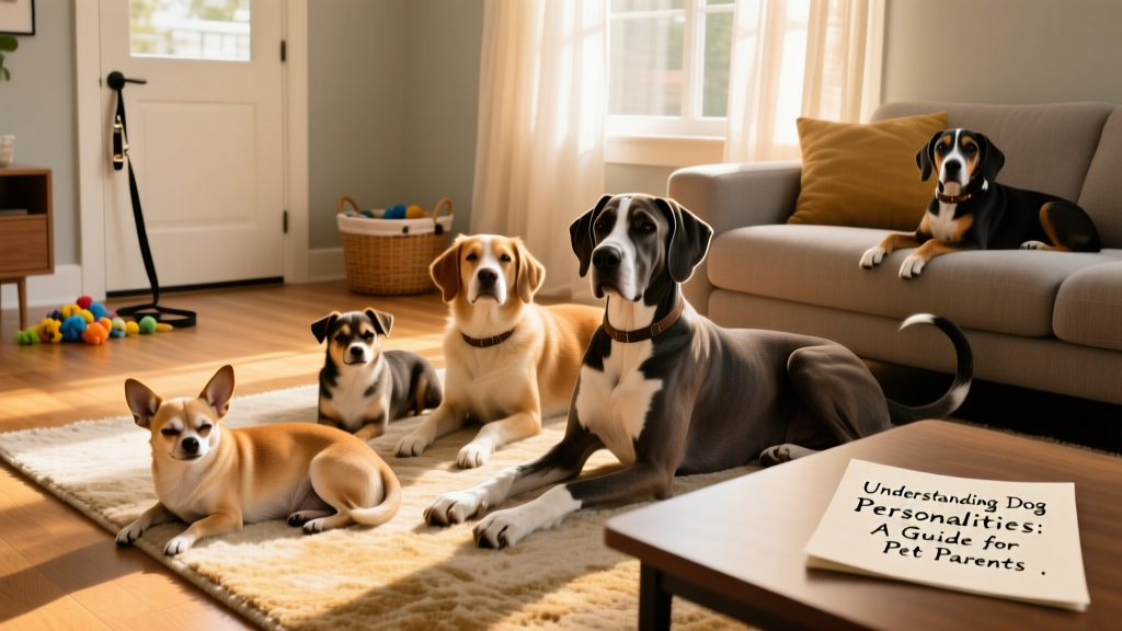 A diverse group of dogs—small and large, calm and alert—resting together in a sunlit living room