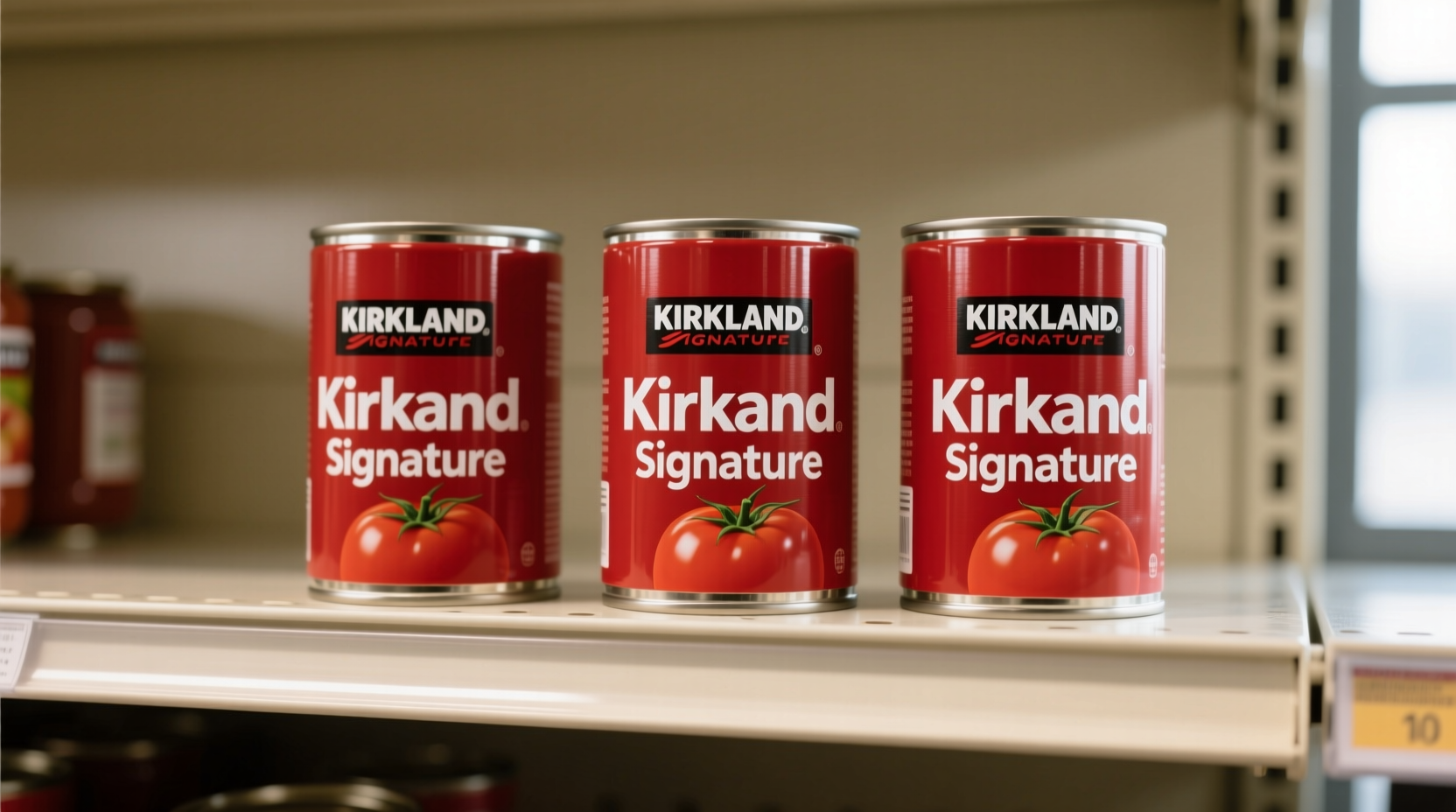 Kirkland Signature tomato paste cans on shelf