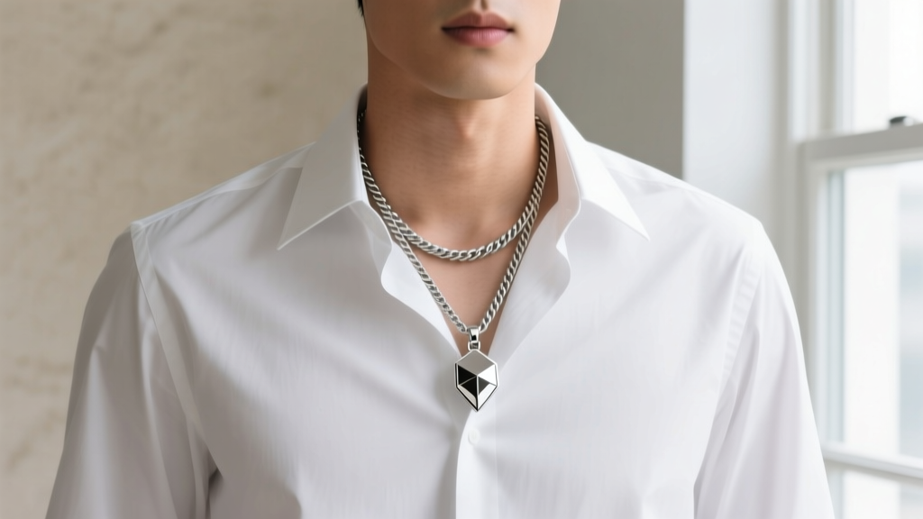 White button-down shirt styled with a 20 inch sterling silver rope chain and a geometric pendant in bright natural daylight