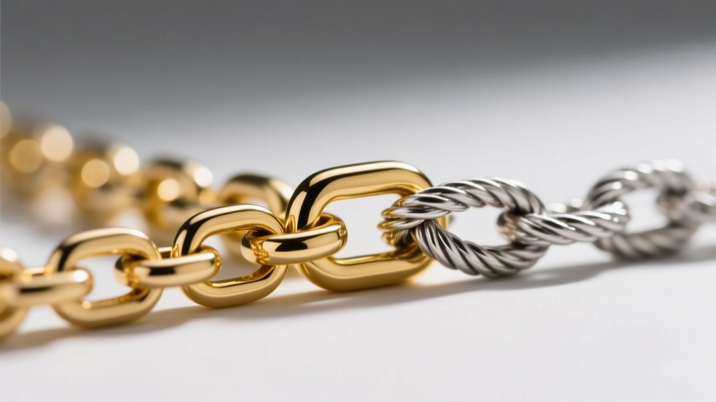 Extreme macro photography of a 14k yellow gold box chain link interlocking with a sterling silver rope chain, showing friction points