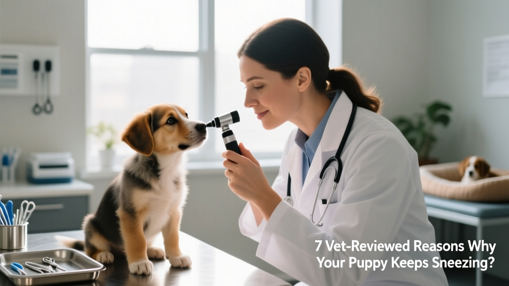 Veterinarian gently examining a puppy's nose with an otoscope