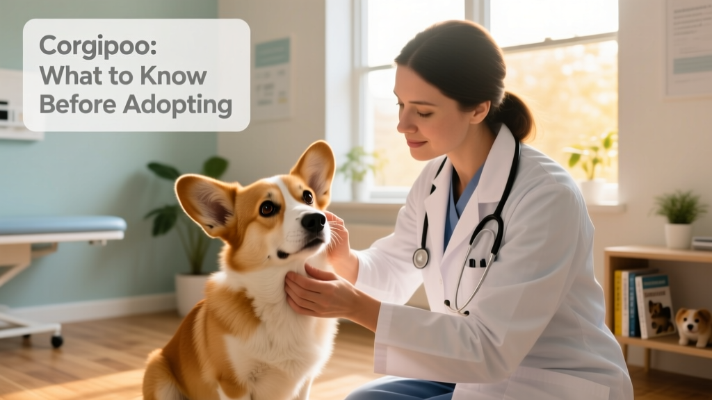 A veterinarian gently examining a Corgipoo’s eyes during a wellness checkup