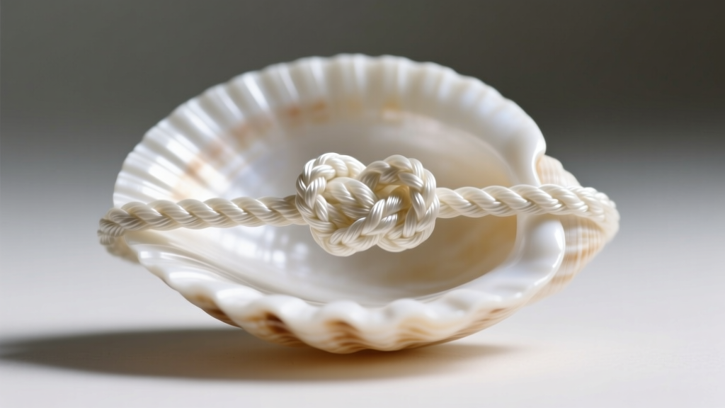 Macro shot of braided polyethylene cord passing through a polished white cowrie shell, highlighting a secure hand-tied jewelry knot.