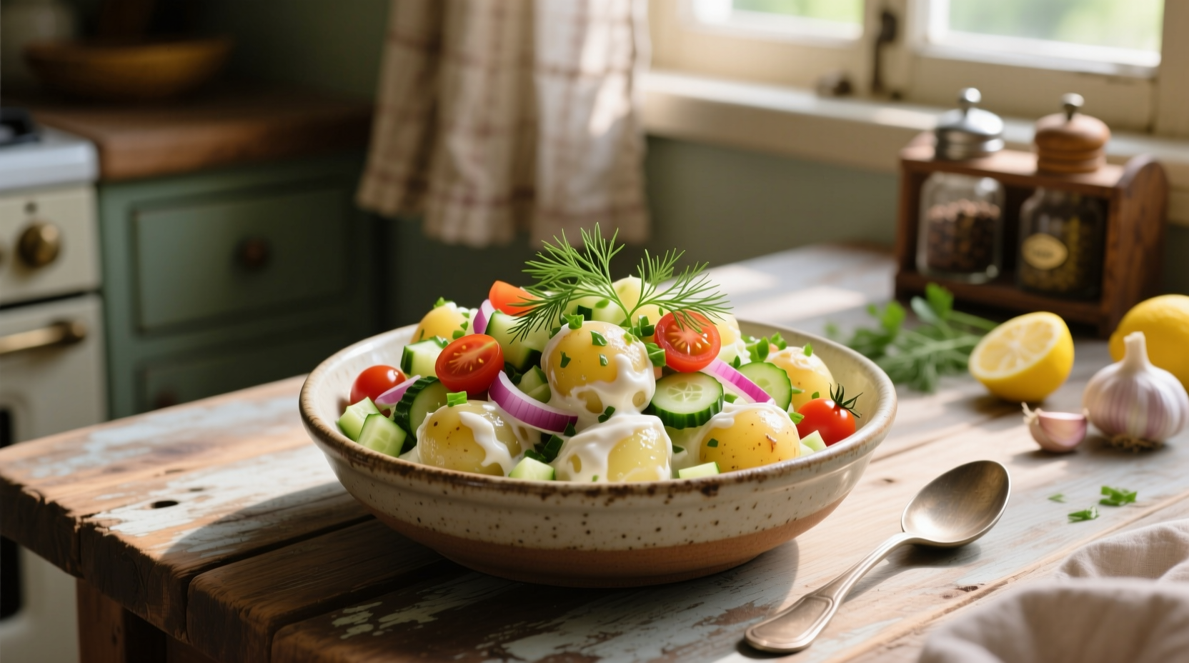 Homemade potato salad with fresh herbs and vegetables