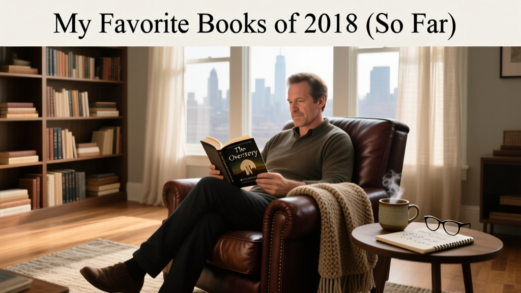 A man holding an open book in front of a large bookshelf