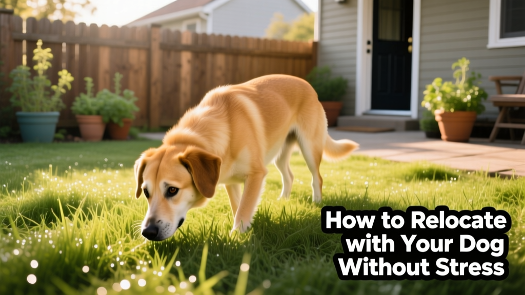 A relaxed dog sniffing grass in a sunlit backyard, looking curious but confident in a new outdoor space