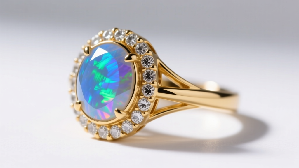 Macro shot of a bezel-set rainbow moonstone ring in 14k yellow gold, displaying a vivid blue sheen under soft natural window light