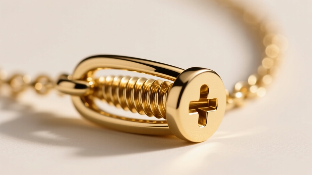 Macro view of a fluted screw clasp on a gold necklace, showing precise threading and a cleanly milled flathead screw groove