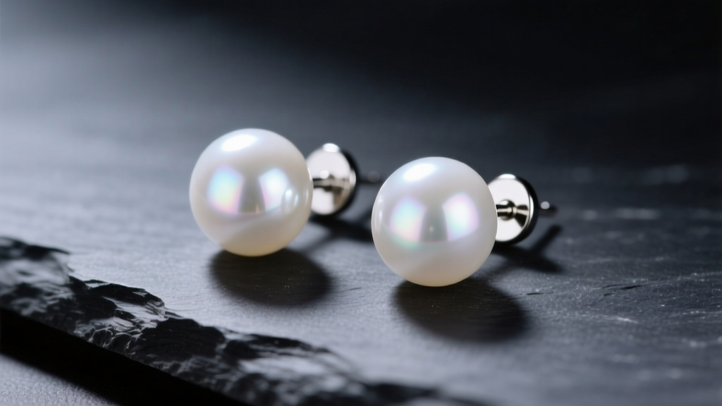 Macro shot of 8mm white Akoya pearl stud earrings on dark slate, reflecting soft studio lighting with sharp, mirror-like luster.