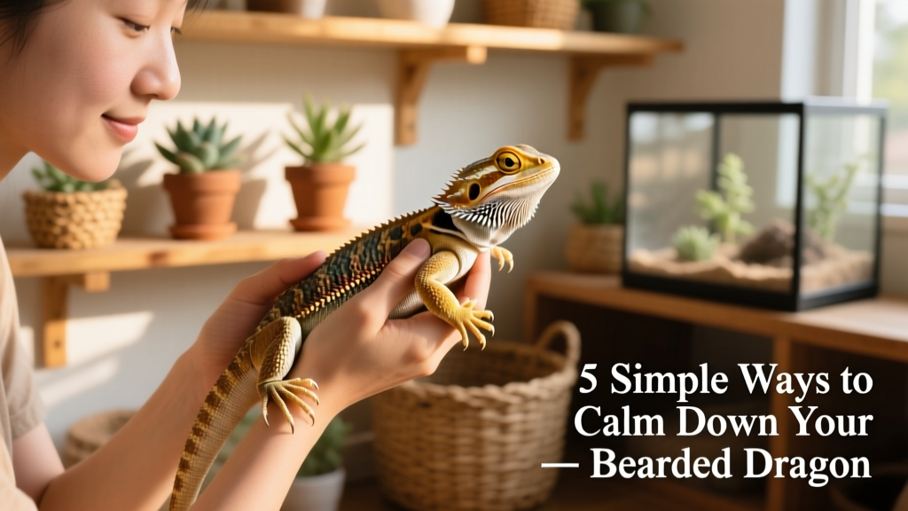 A person gently holding a bearded dragon with both hands supporting its body and legs