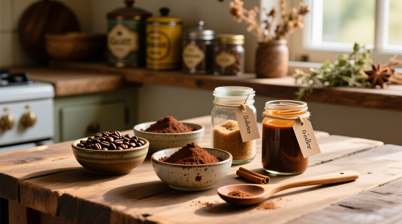 Homemade brown food coloring ingredients on wooden table