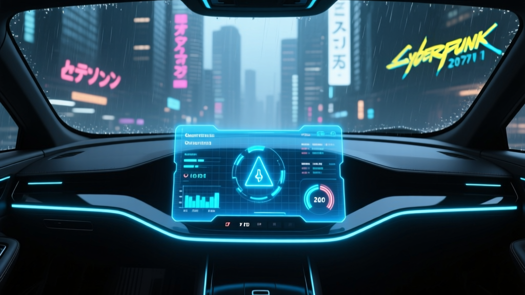 A futuristic car dashboard glowing with neon blue telemetry data and a holographic HUD, reminiscent of cyberpunk anime aesthetics.