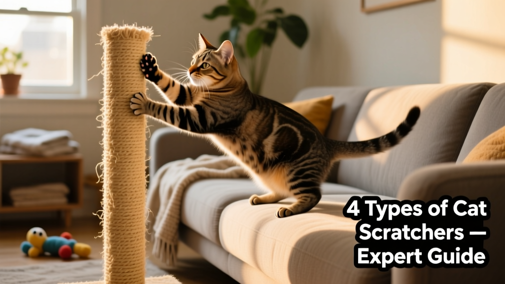 A cat enthusiastically scratching a tall, upright sisal post beside a living room sofa