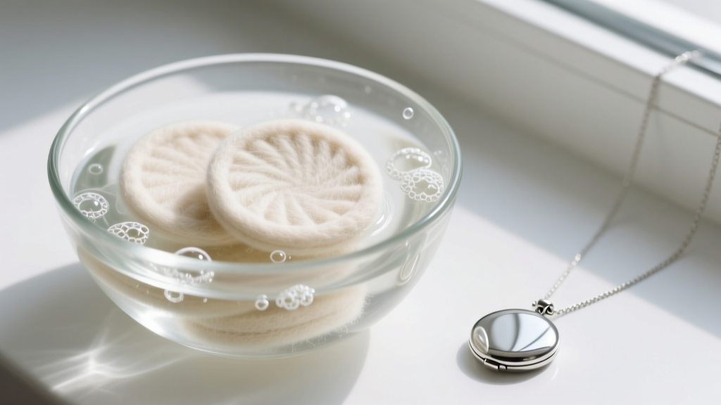 Round wool felt diffuser pads being washed in a glass bowl of water and unscented castile soap next to a silver locket necklace