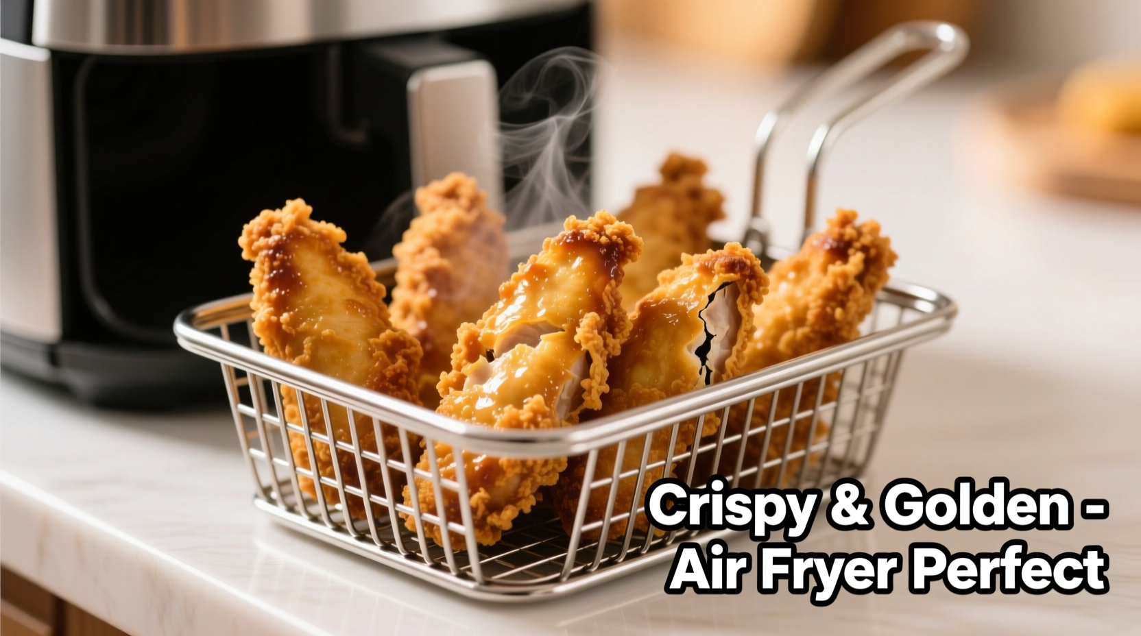 Golden brown chicken tenders in air fryer basket
