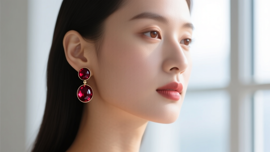 Profile of a woman wearing 10mm round almandine garnet bead drop earrings, showing scale and deep red color against her skin tone