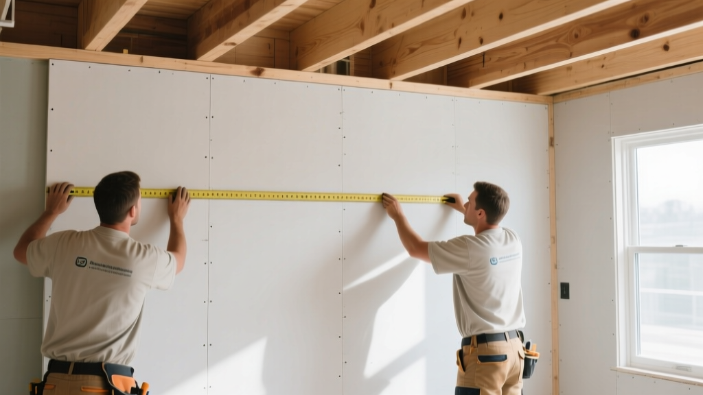 Professional drywall installers measuring and aligning a 54-inch wide gypsum board horizontally against a wood-framed 9-foot ceiling joist layout