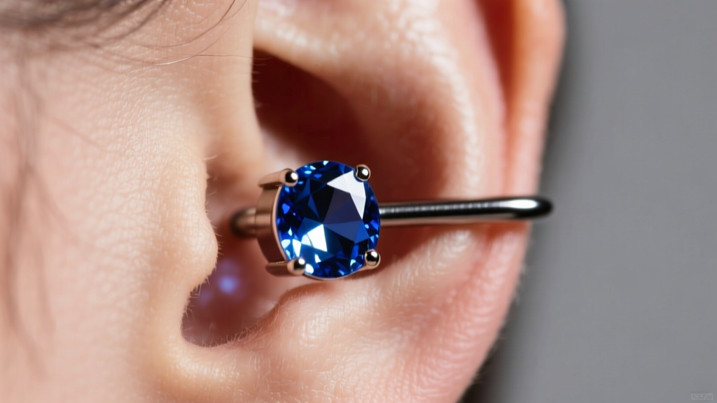 Close-up of a tragus piercing with a 16-gauge titanium flat back labret and sapphire gem under soft studio light