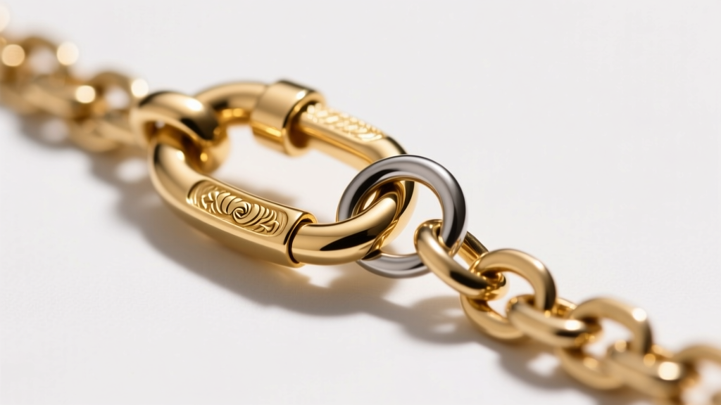 Macro shot of a 12mm 14k gold lobster clasp attached to a 5mm jump ring on a 16-inch rolo chain, sharp focus on metal texture