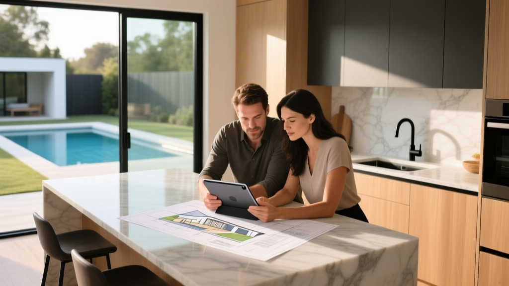 Couple reviewing swimming pool construction blueprints and financing documents on a tablet at a modern kitchen island with coffee