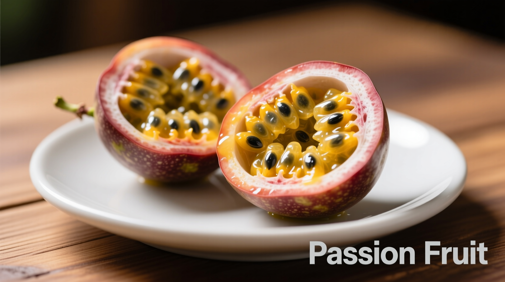 Ripe passion fruit cut in half showing vibrant pulp