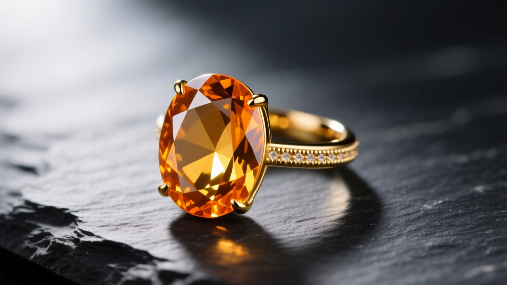 Faceted oval citrine gemstone set in a 14k yellow gold ring, resting on dark slate, illuminated by soft directional sunlight.