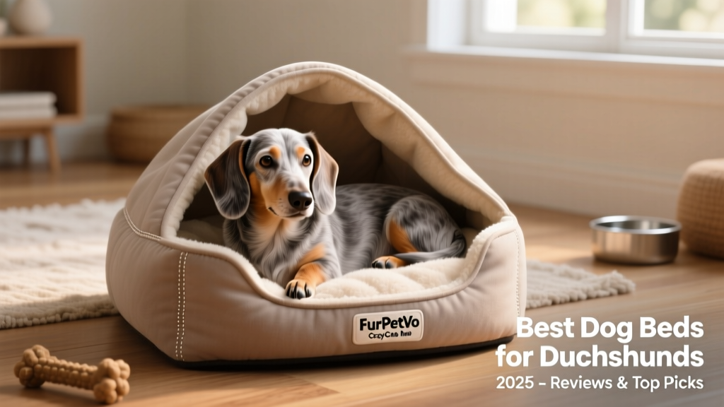 A senior dachshund relaxing inside the FurPetVo CozyCave Hooded Bed, with the hood partially drawn for comfort