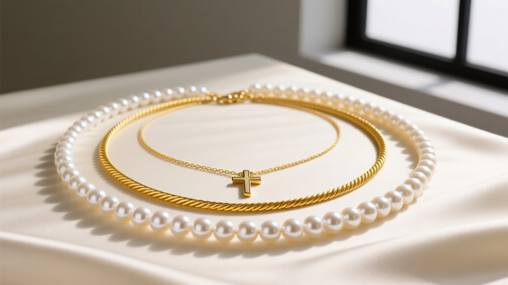 Layered necklace setup featuring a 22-inch white Akoya pearl strand and a 24-inch 4mm yellow gold rope chain with a crucifix.