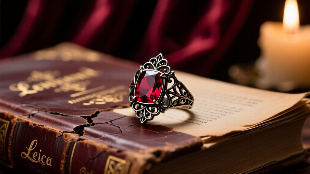 Gothic red spinel cocktail ring with intricate dark metalwork, resting on an antique leather book in dim, moody, warm candlelight.