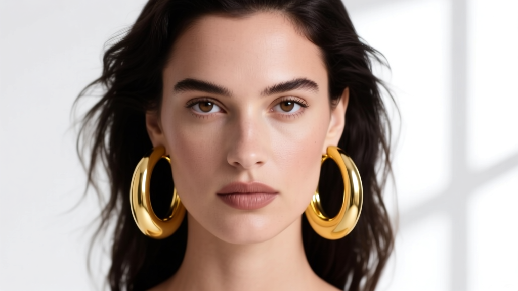 Profile of a model wearing polished 14k yellow gold 50mm hoop earrings, soft studio lighting highlighting the smooth metal curve