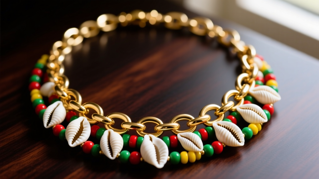 Close-up of a Jamaican necklace with 14k gold links, white cowrie shells, and red, green, yellow seed beads on dark mahogany.