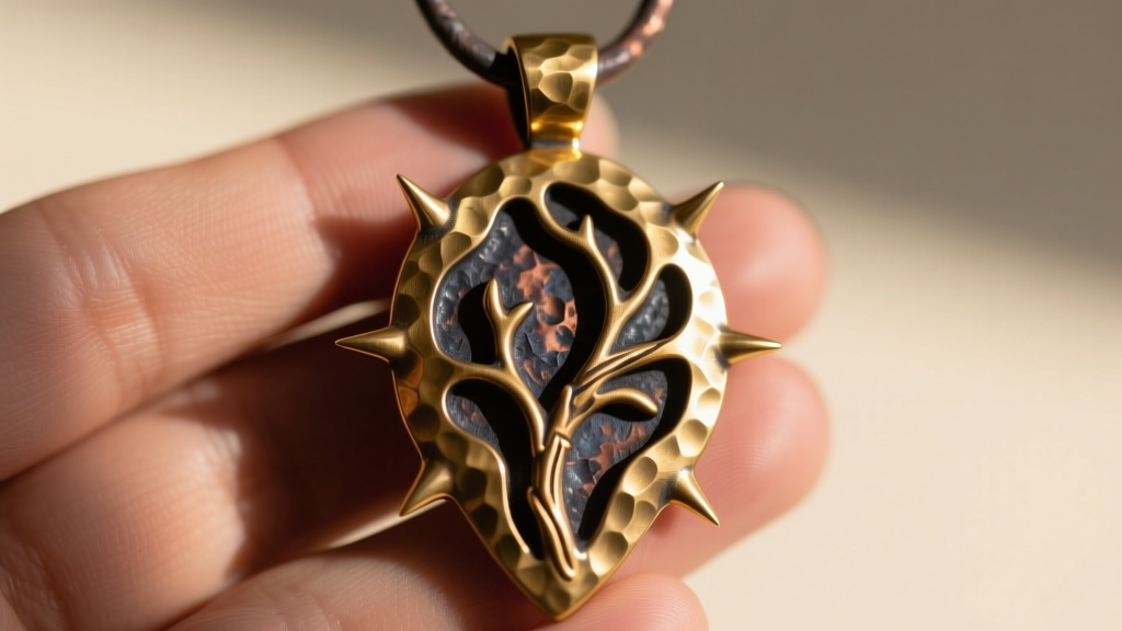Close-up of a hand-forged 14-gauge brass thorn pendant, showing hammered finish and dark patina in the deep metal vine crevices