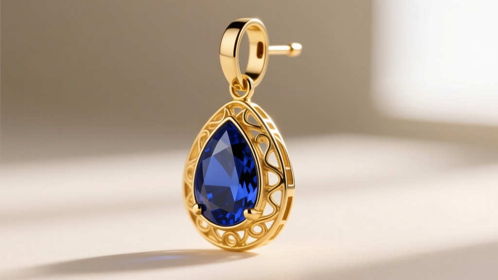 Macro shot of an 18k gold pendant earring with a teardrop sapphire on a 20-gauge leverback clasp against a soft neutral background.
